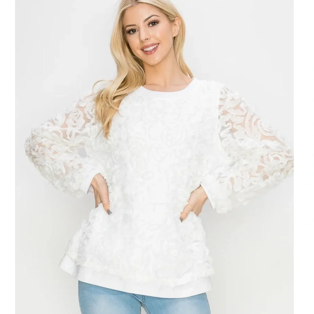 💕 Joh Apparel Raquel Top with Lace Flower Swirls white Cotton Size S - Picture 9 of 10